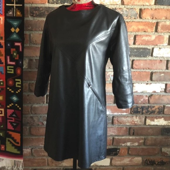 Black Faux Leather Cold Shoulder BCBG Maxazria Shift Mini Dress W/ Pockets XS - Picture 3 of 4